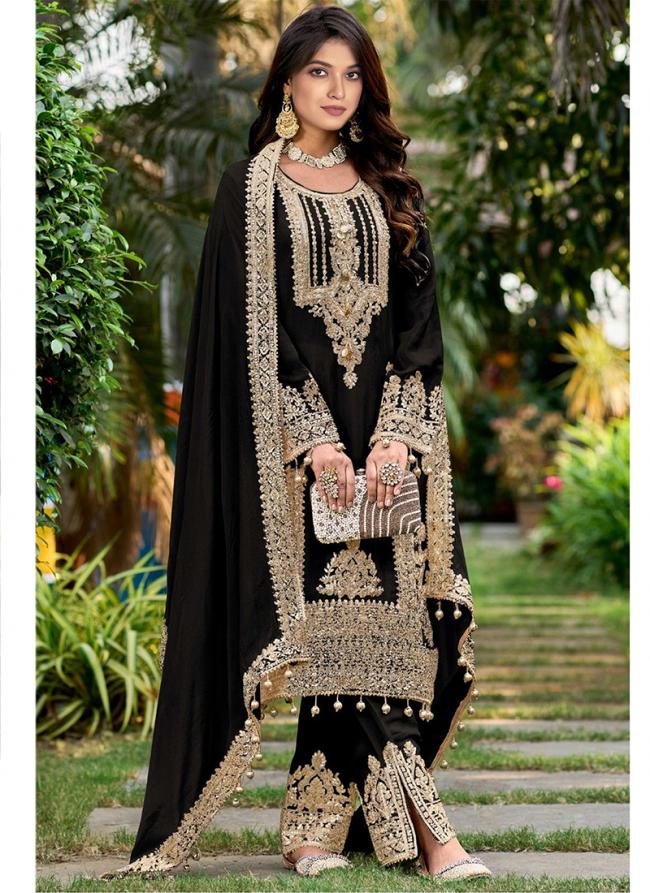 Pure Chinnon Black Wedding Wear Sequins Work Plazzo Suit